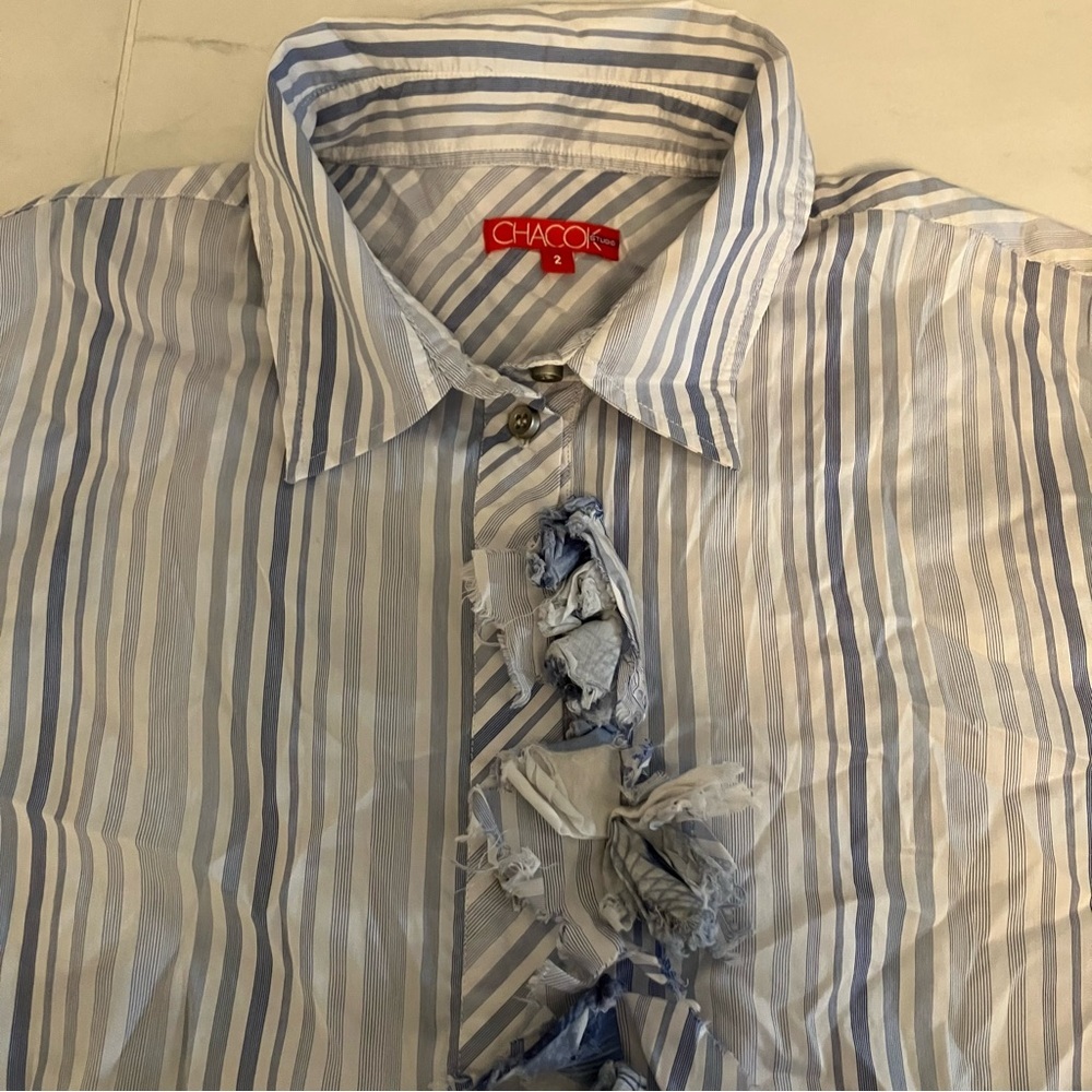 Chacok Blue Striped / floral long sleeve blouse.  Floral feature on front EUC!